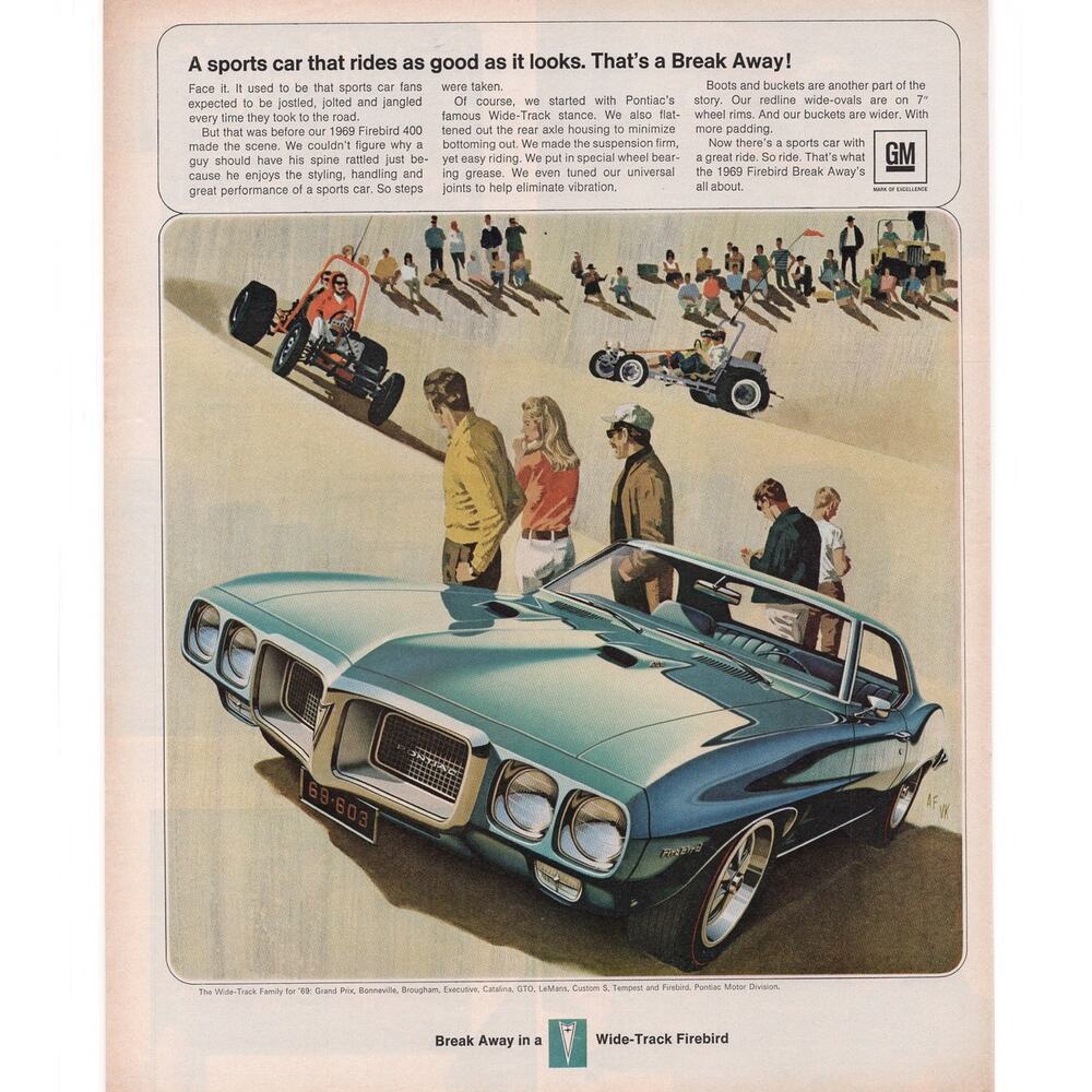 Pontiac Magazine Advertisement 1969 Vintage Classic Muscle Car Firebird GM Blue